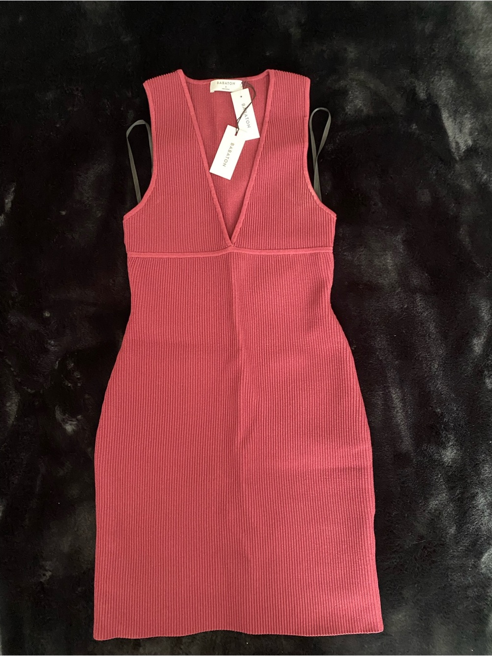 Babaton Ribbed V-Neck Bodycon Dress in Wine